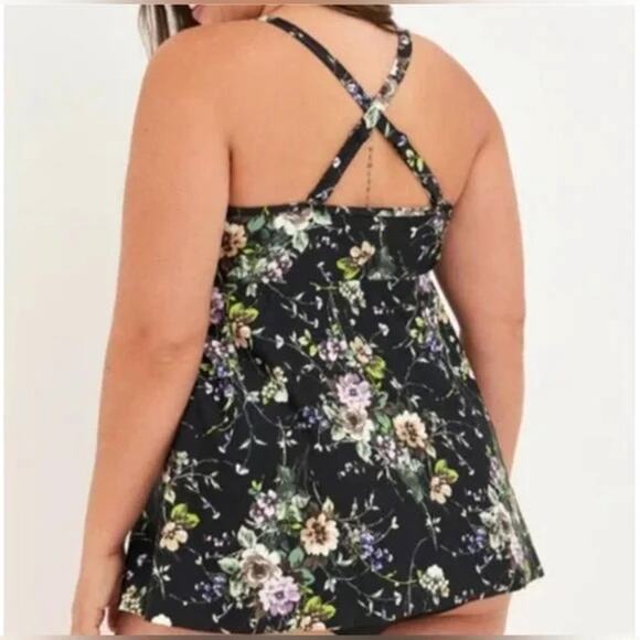 Torrid Black Floral Mesh Inlet High Neck Convertible Strap Tankini Swim Top - Picture 2 of 11